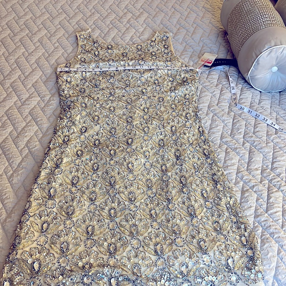 Aidan Mattox silver & champagne sequin beaded lined short dress